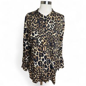 Susan Graver Button Down Top Womens L Brown Animal Print Long Sleeve Mobwife